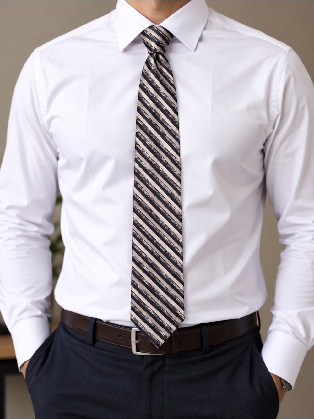 Pronto Uomo Navy and Beige Striped 100% Silk Tie